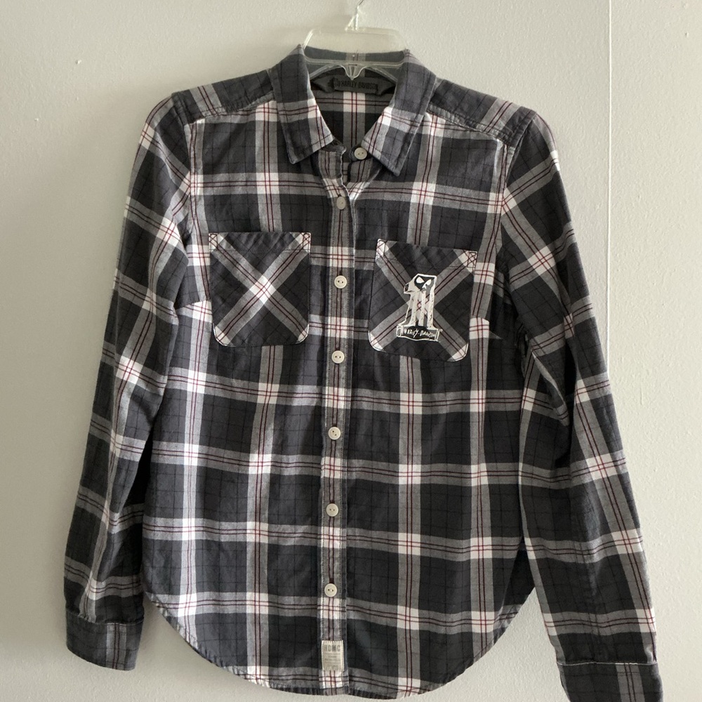 Women’s Harley-Davidson Gray Plaid Button-Down Shirt Size S